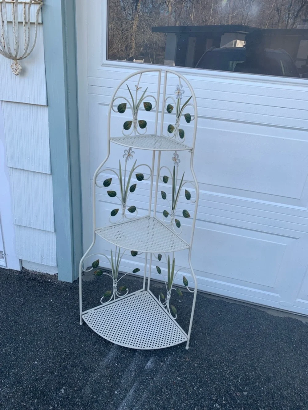 Vintage White Metal Folding Corner Plant Stand with Green Leaf Accents